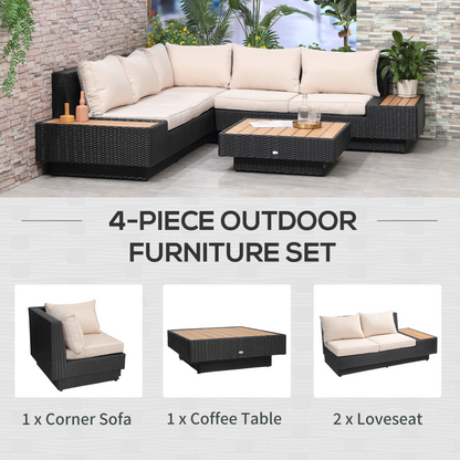  4 PCs Black Rattan Sectional Corner Sofa and Coffee Table Set