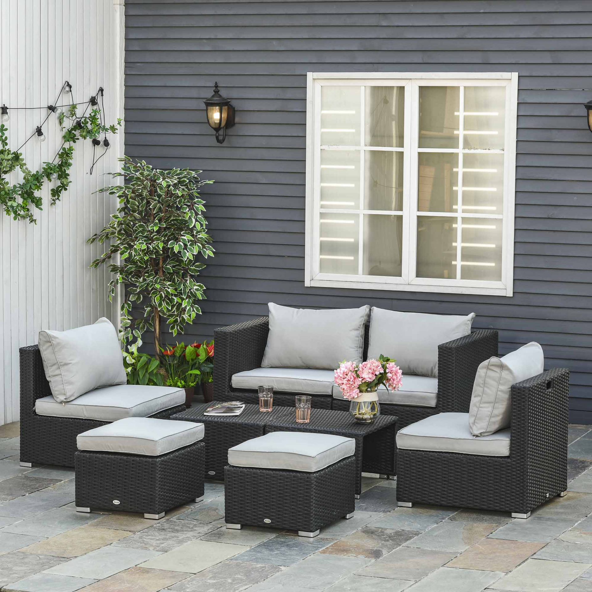 8pc Black Rattan 6 Seater Sofa & Coffee Table Set