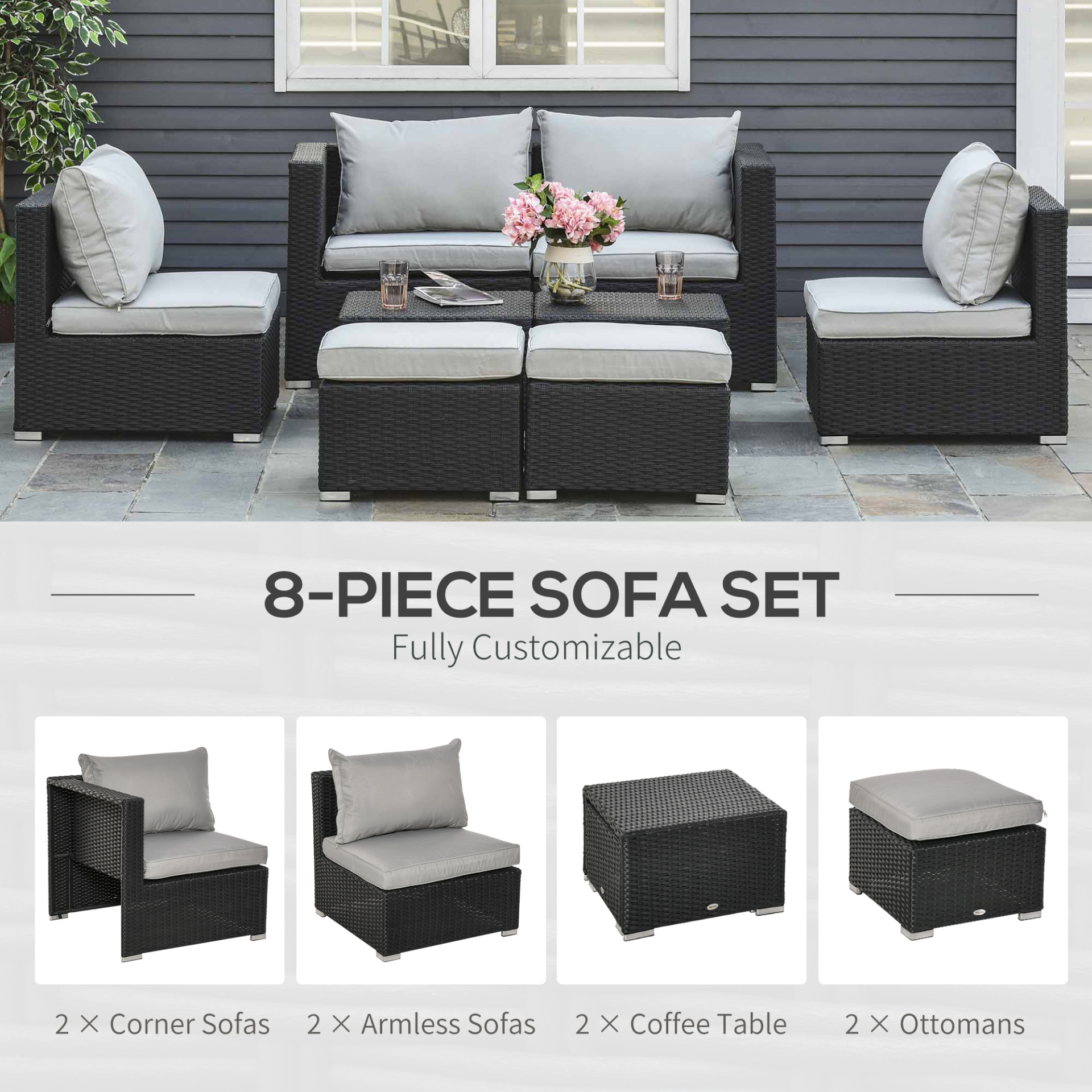 8pc Black Rattan 6 Seater Sofa & Coffee Table Set