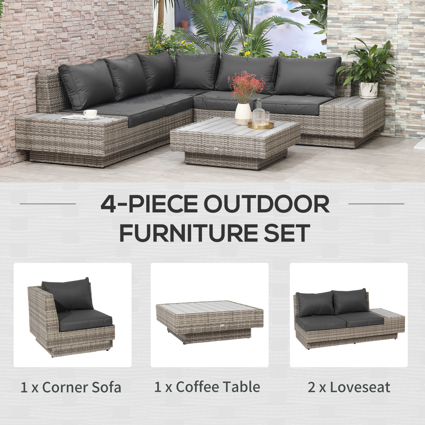 Sectional Rattan Corner Sofa and Coffee Table Set 