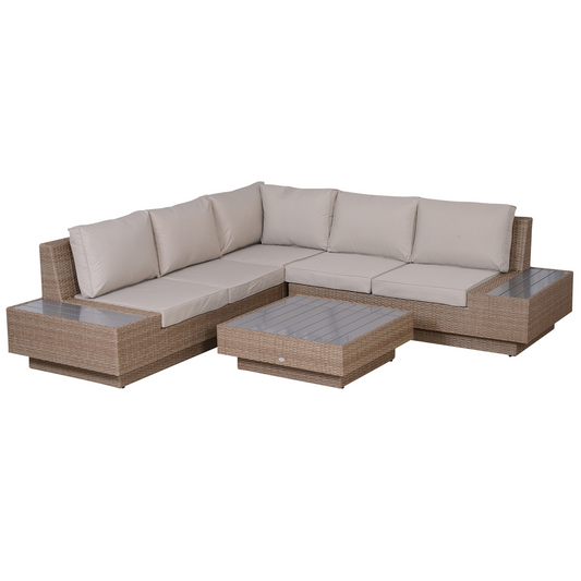 4 PCs Beige Rattan Sectional Corner Sofa and Coffee Table Set 