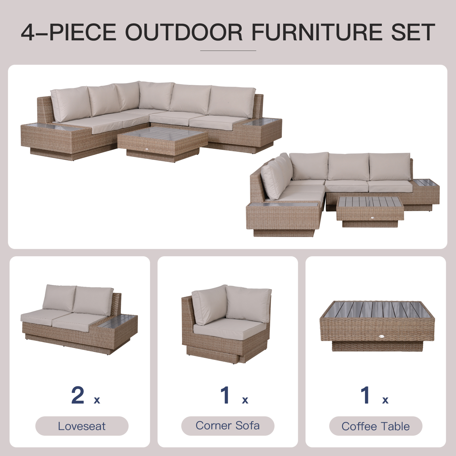 4 PCs Beige Rattan Sectional Corner Sofa and Coffee Table Set 