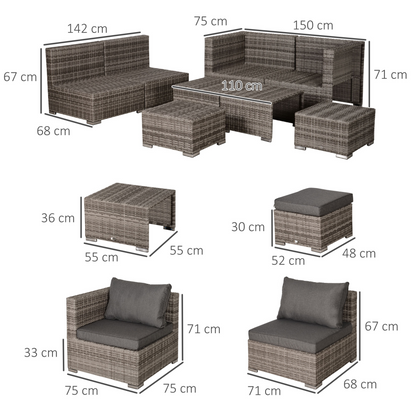 Grey 8pc Rattan 6 Seater Sofa & Coffee Table Set