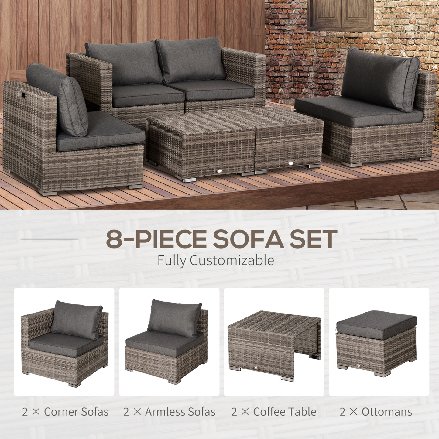 Grey 8pc Rattan 6 Seater Sofa & Coffee Table Set