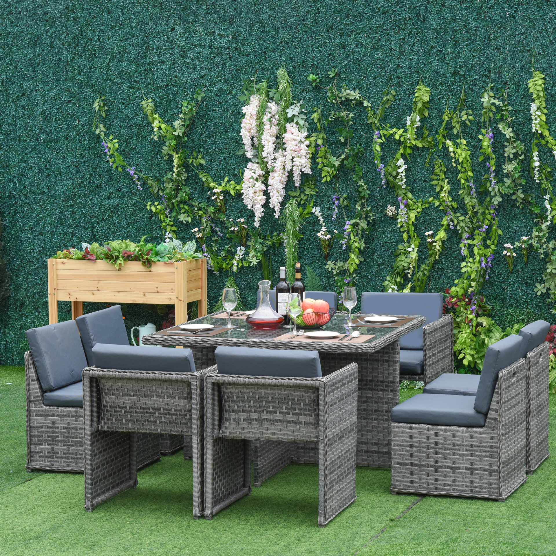  9 PCs Mixed Grey Rattan Dining Table Chair Set