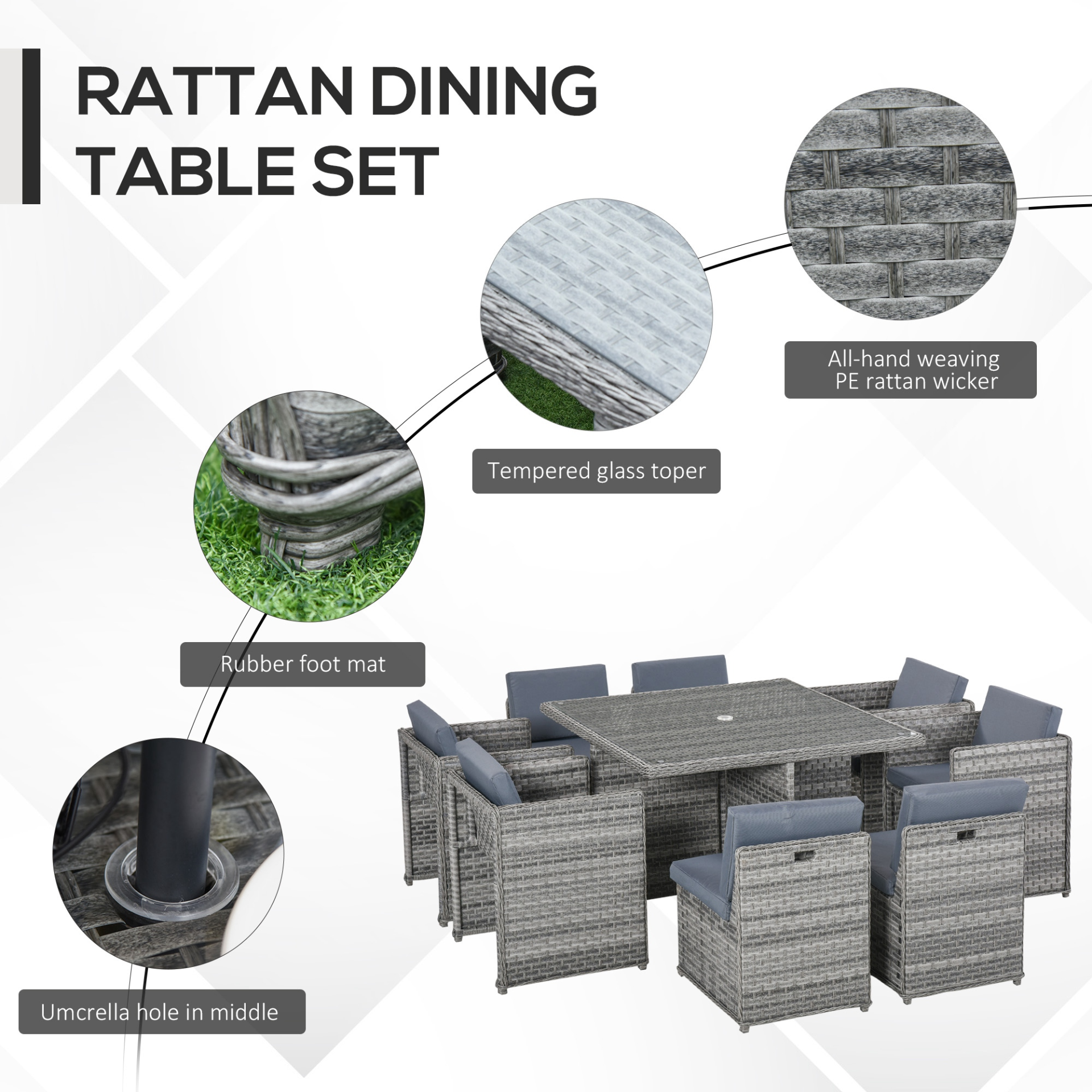  9 PCs Mixed Grey Rattan Dining Table Chair Set