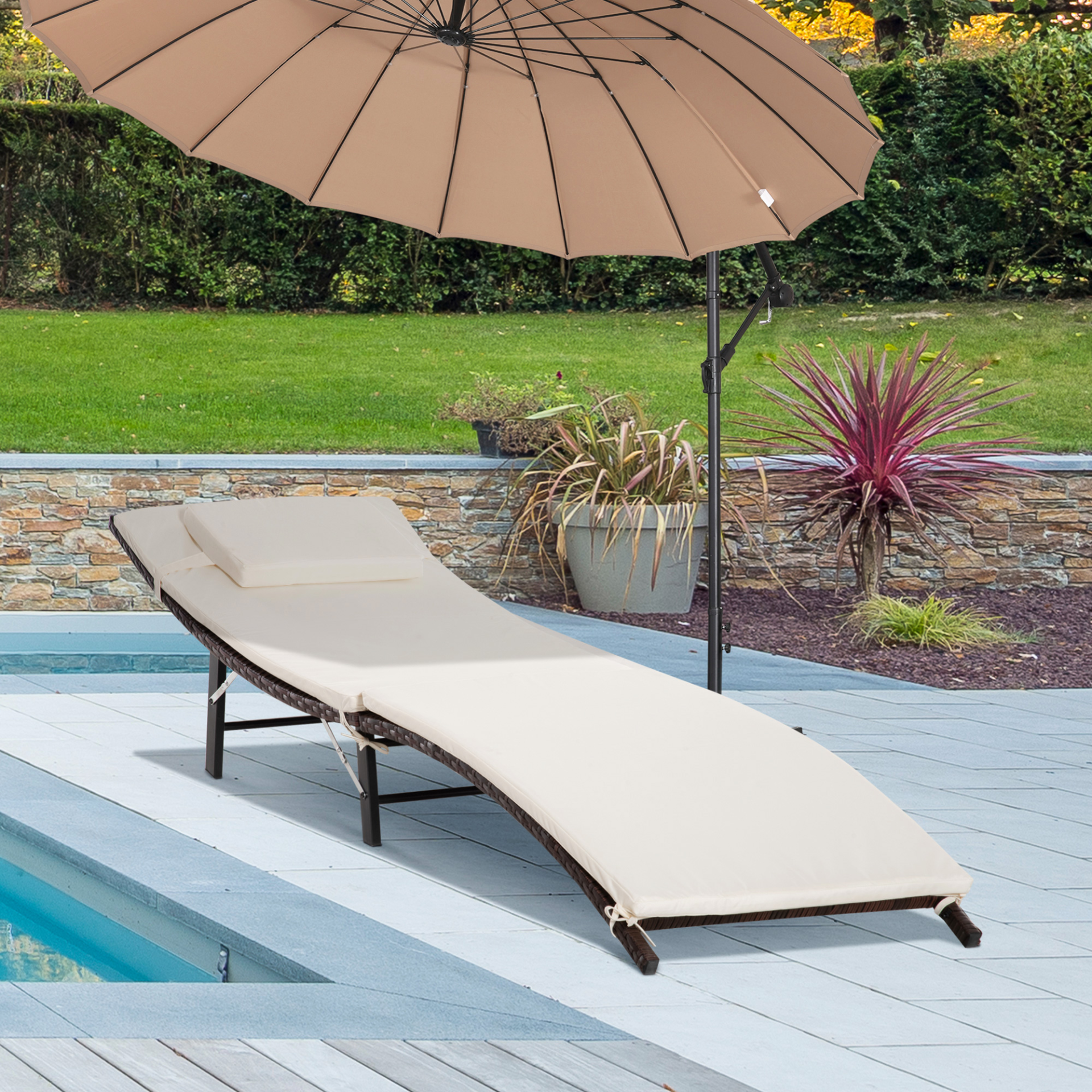 Brown Rattan Sun Lounger Bed with Cushion and Pillow