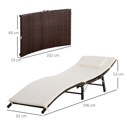 Brown Rattan Sun Lounger Bed with Cushion and Pillow