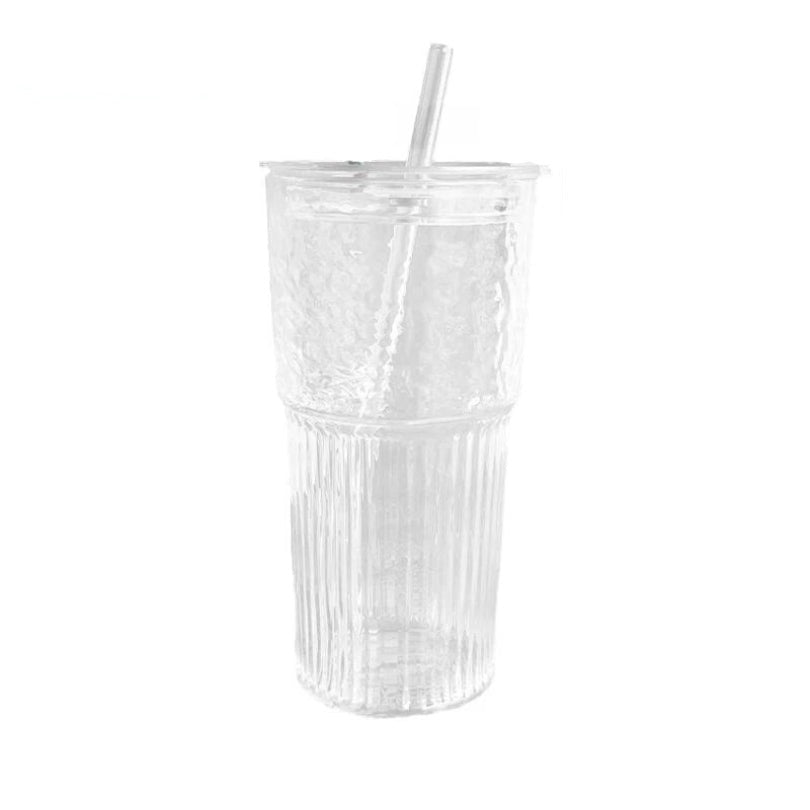 Stripe Glass Cup with Lid and Straw