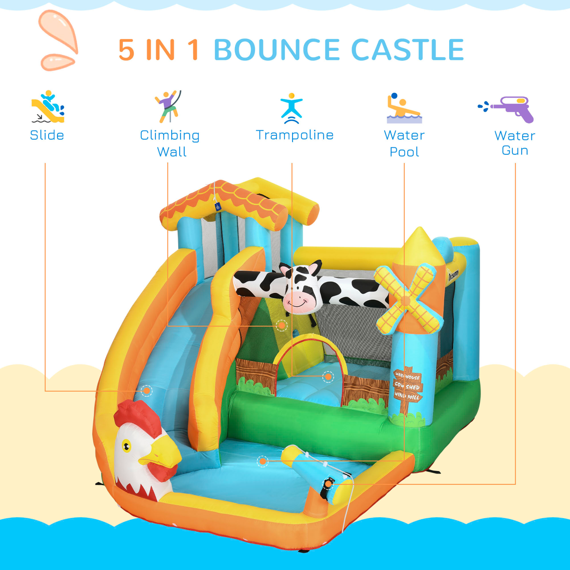 5 in 1 Kids Bounce Castle Farm Style 3.5 x 2.75 x 2.2m