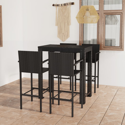 Black Poly Rattan 5 Piece Outdoor Bar Set with Armrest