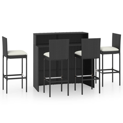 5 Piece Black Poly Rattan Garden Bar Set with Cushions