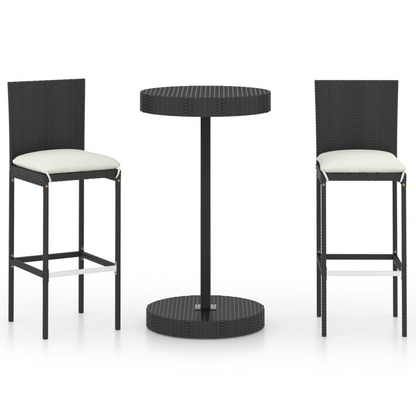  3 Piece Black Poly Rattan Garden Bar Set with Cushions