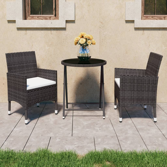 3 Piece Brown Poly Rattan and Tempered Glass Garden Bistro Set