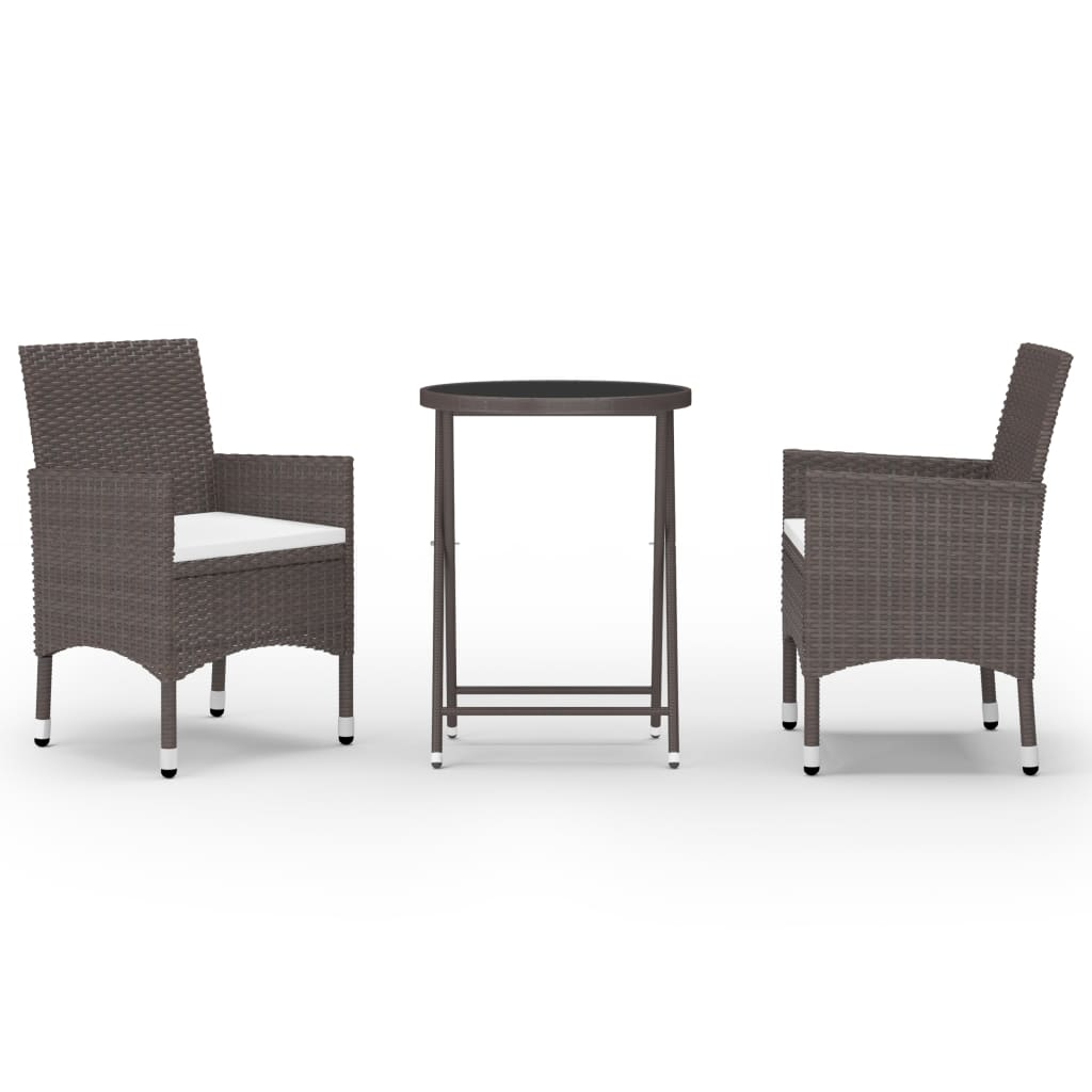 3 Piece Brown Poly Rattan and Tempered Glass Garden Bistro Set