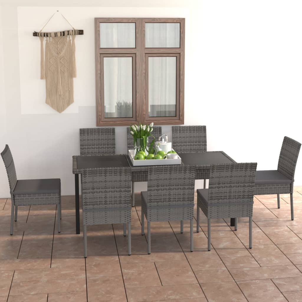 9 Piece Grey Poly Rattan Outdoor Dining Set with Cushions