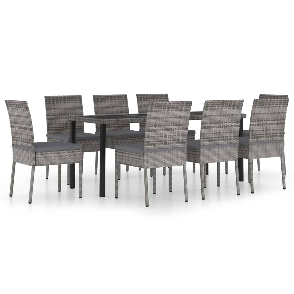 9 Piece Grey Poly Rattan Outdoor Dining Set with Cushions