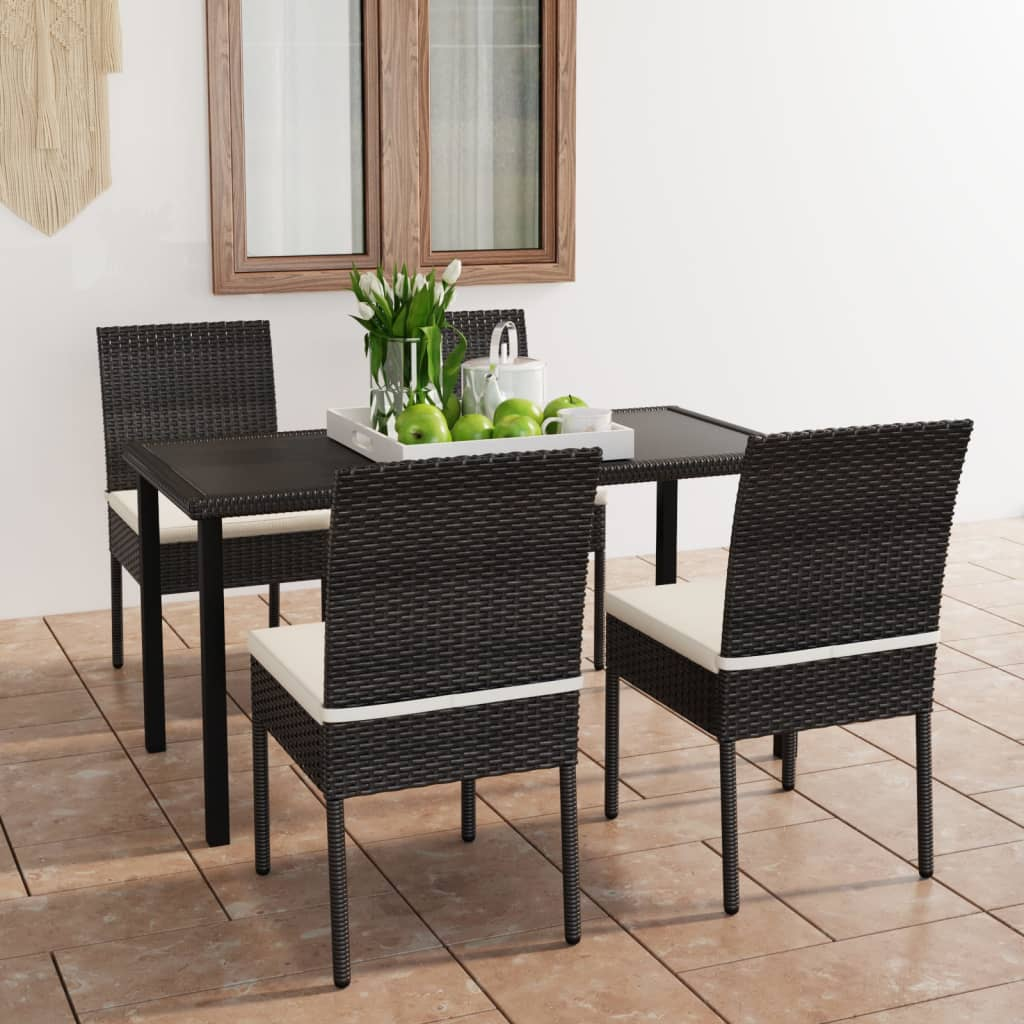 5 Piece Black Poly Rattan Outdoor Dining Set with Cushions