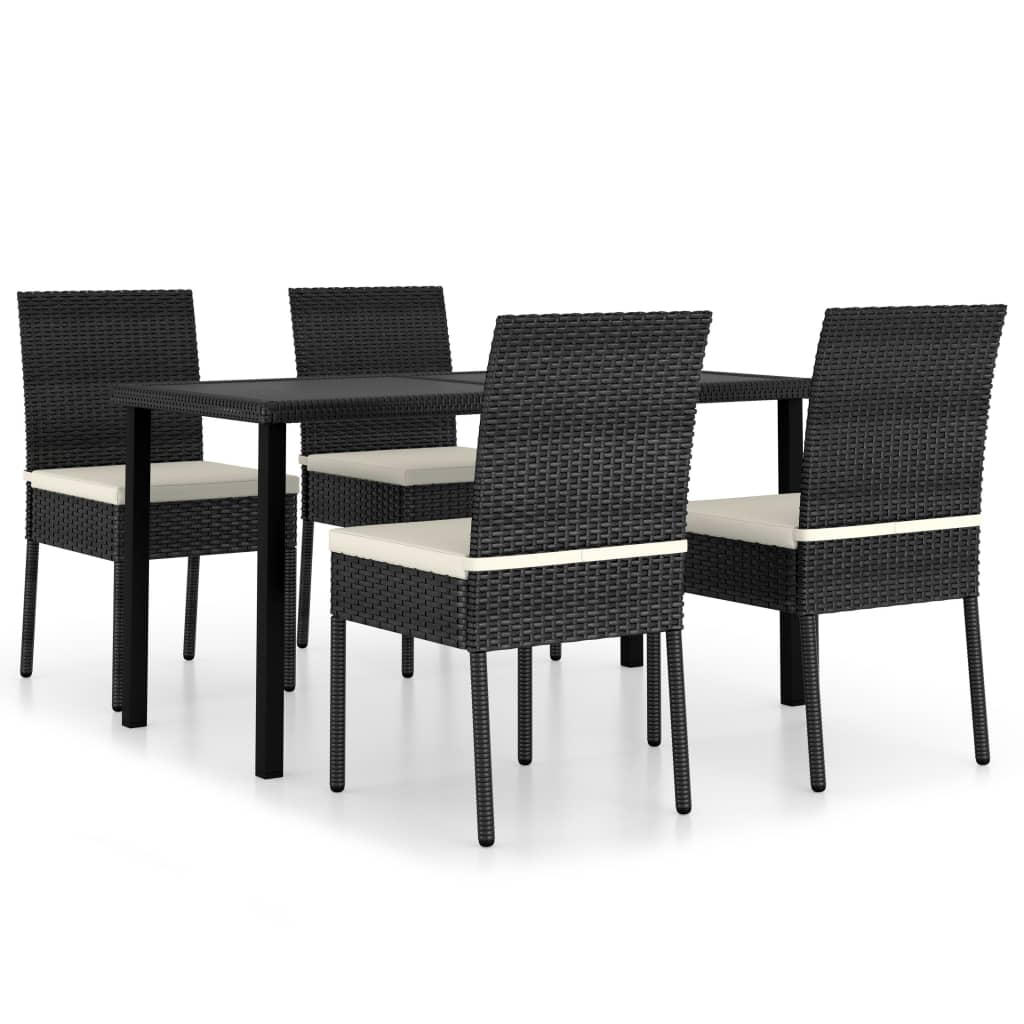 5 Piece Black Poly Rattan Outdoor Dining Set with Cushions