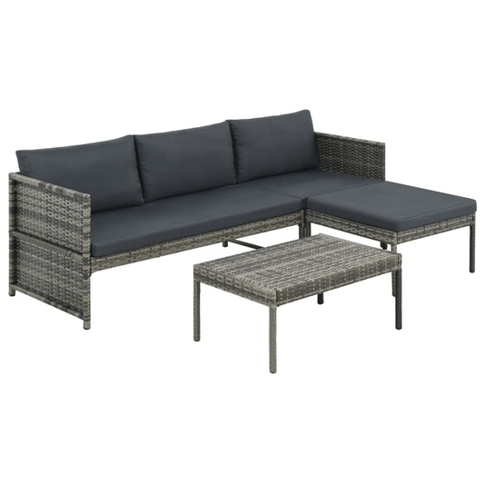 3 Piece Grey Poly Rattan Garden Lounge Set with Cushions