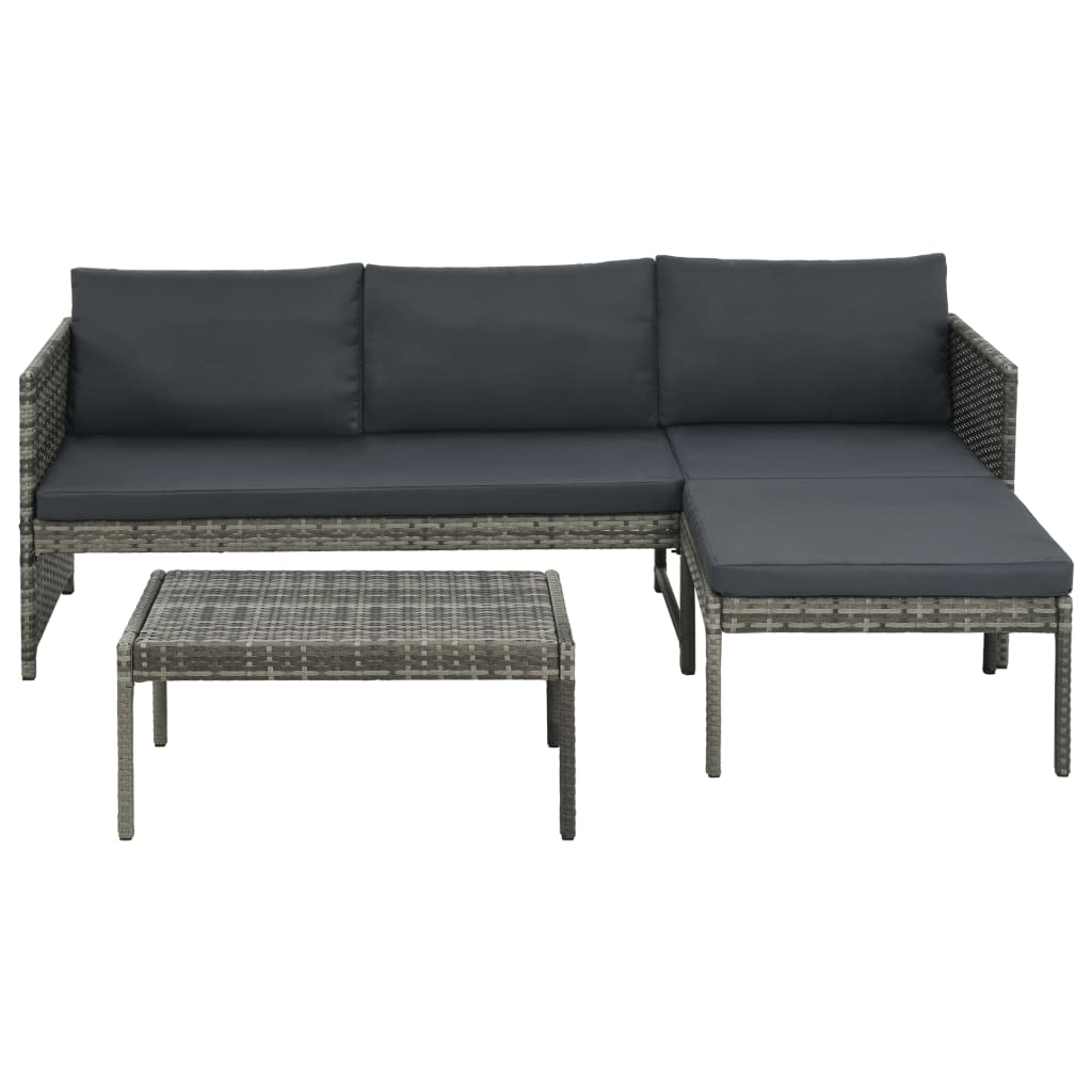 3 Piece Grey Poly Rattan Garden Lounge Set with Cushions