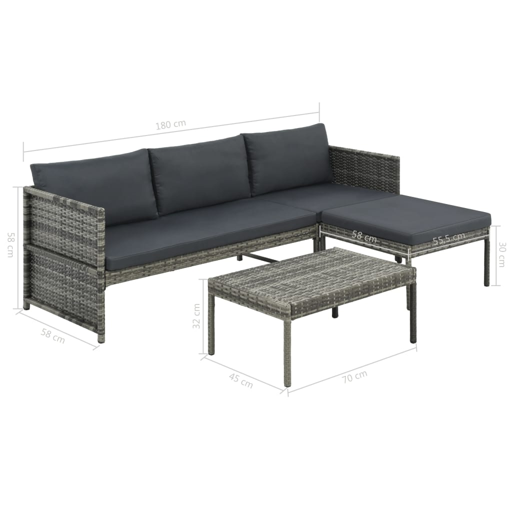 3 Piece Grey Poly Rattan Garden Lounge Set with Cushions