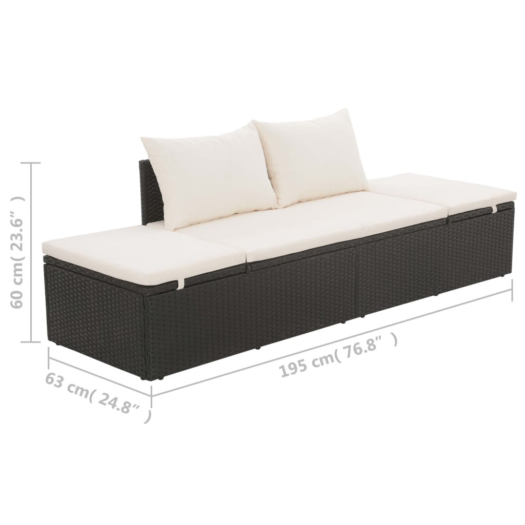 Black Outdoor Lounge Bed with Cushion & Pillows