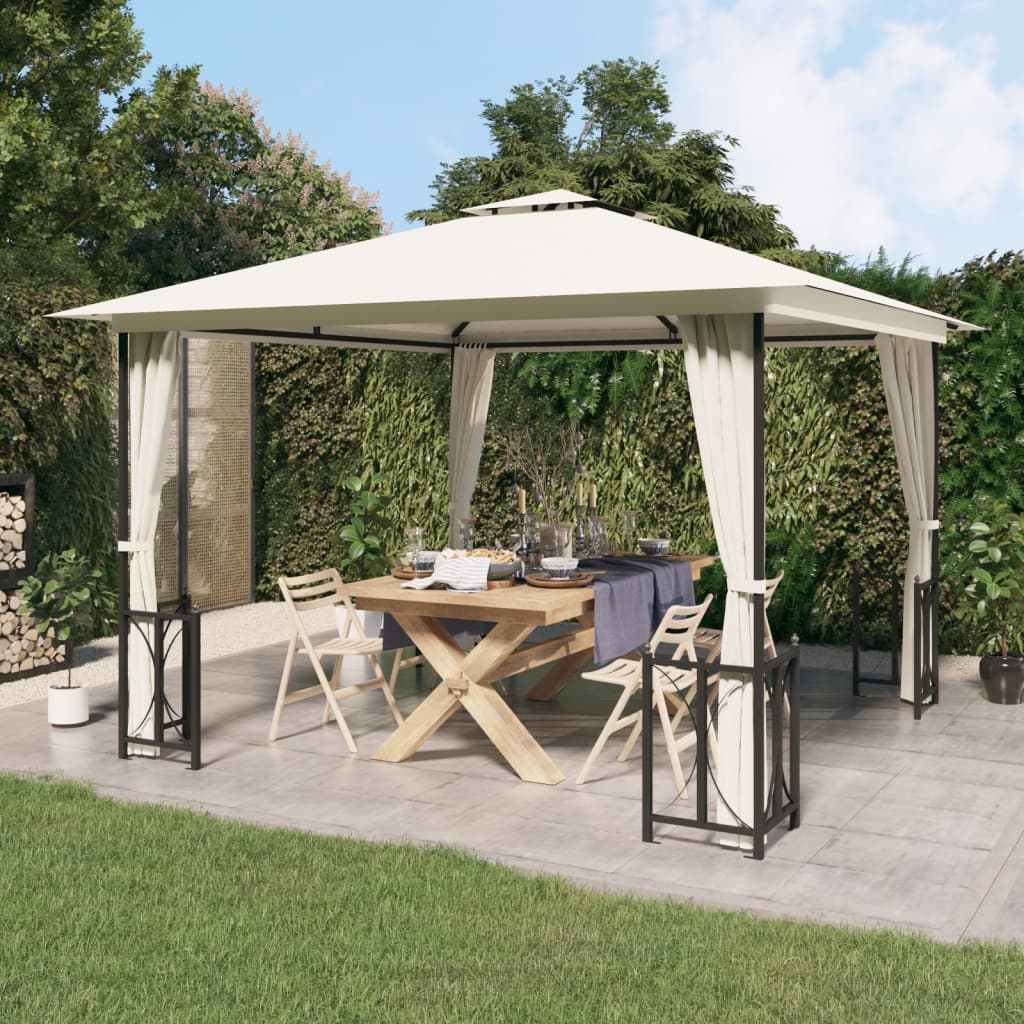 Cream Gazebo with Sidewalls & Double Roofs