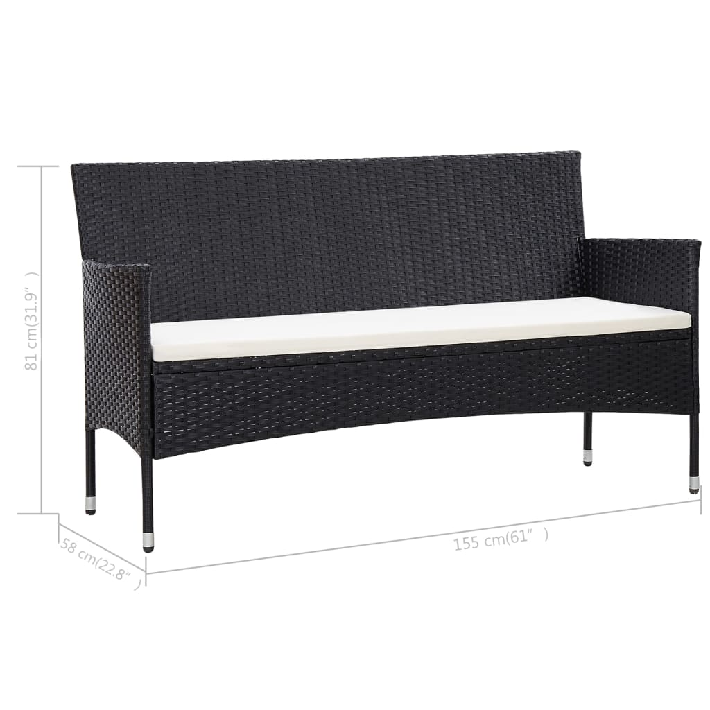 3-Seater  Black Poly Rattan Garden Sofa with Cushions