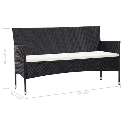 3-Seater  Black Poly Rattan Garden Sofa with Cushions