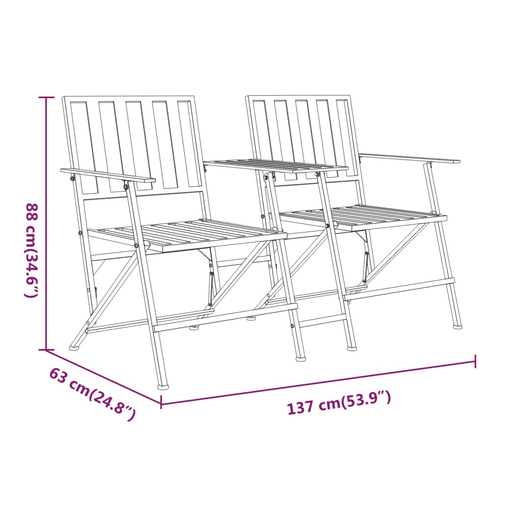 Black Steel Folding 2-Seater Garden Bench 137 cm