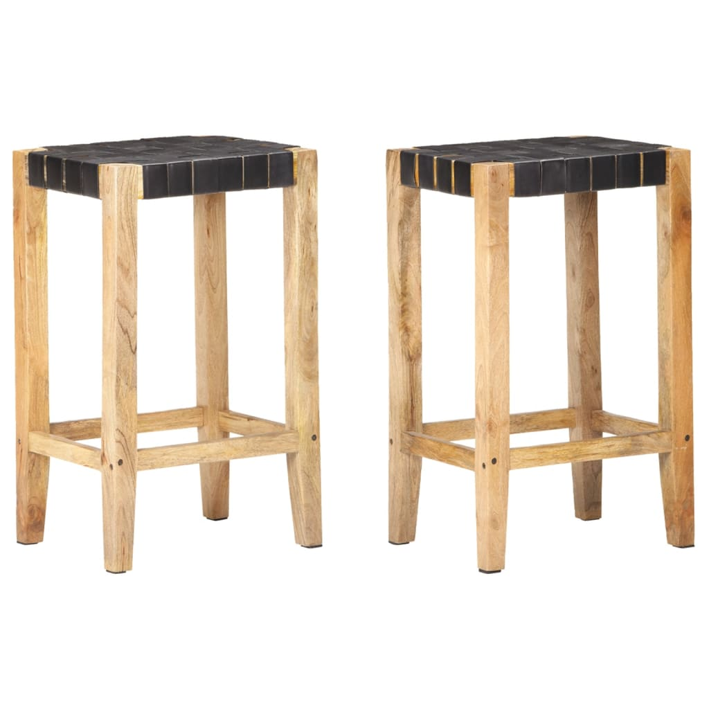 Black Real Leather Bar Stools 2 pcs 75 cm