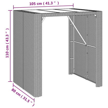  Grey Poly Rattan Bar Table with Glass Top 105x80x110 cm