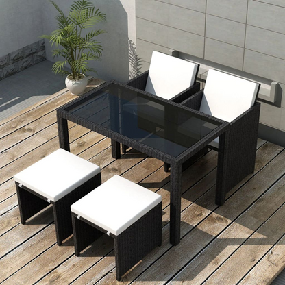 5 Piece Black Poly Rattan Outdoor Dining Set with Cushions