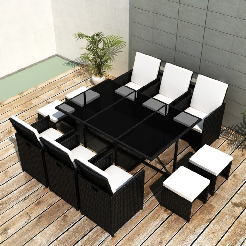 11 Piece Black  Poly Rattan Outdoor Dining Set with Cushions