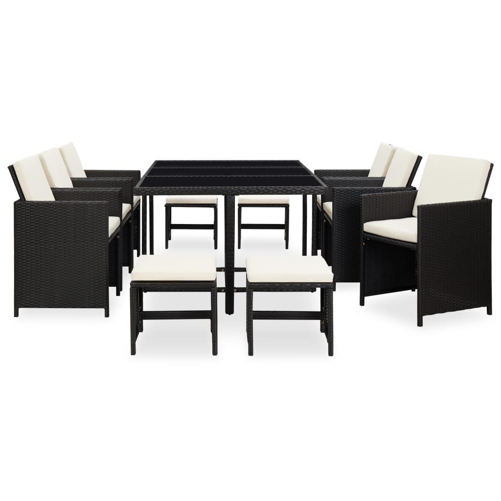 11 Piece Black  Poly Rattan Outdoor Dining Set with Cushions