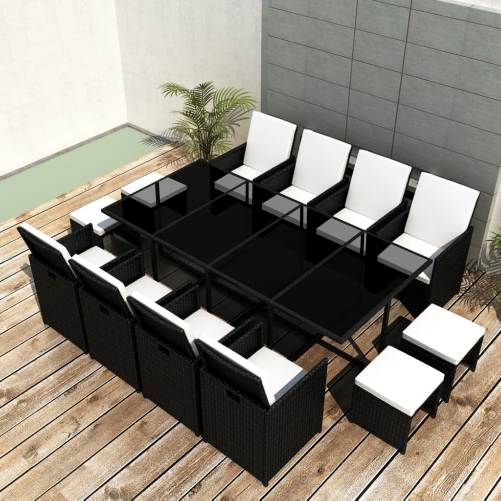 13 Piece Black Poly Rattan Outdoor Dining Set with Cushions