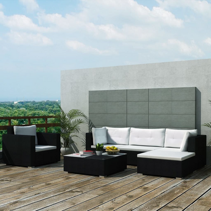 6 Piece Black Poly Rattan Garden Lounge Set with Cushions