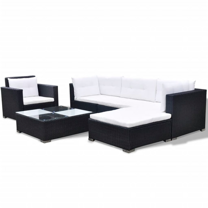 6 Piece Black Poly Rattan Garden Lounge Set with Cushions