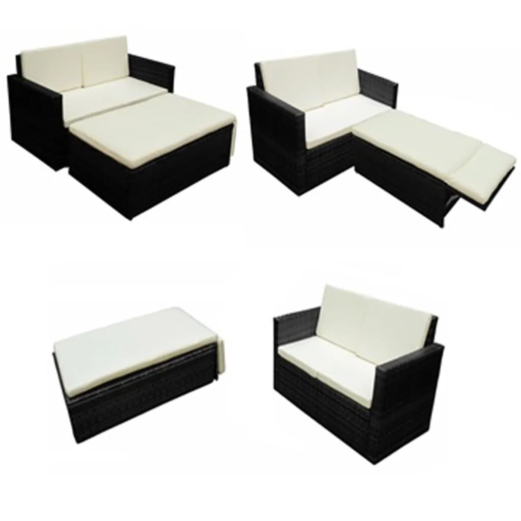 2 Piece Poly Rattan Black Garden Lounge Set with Cushions