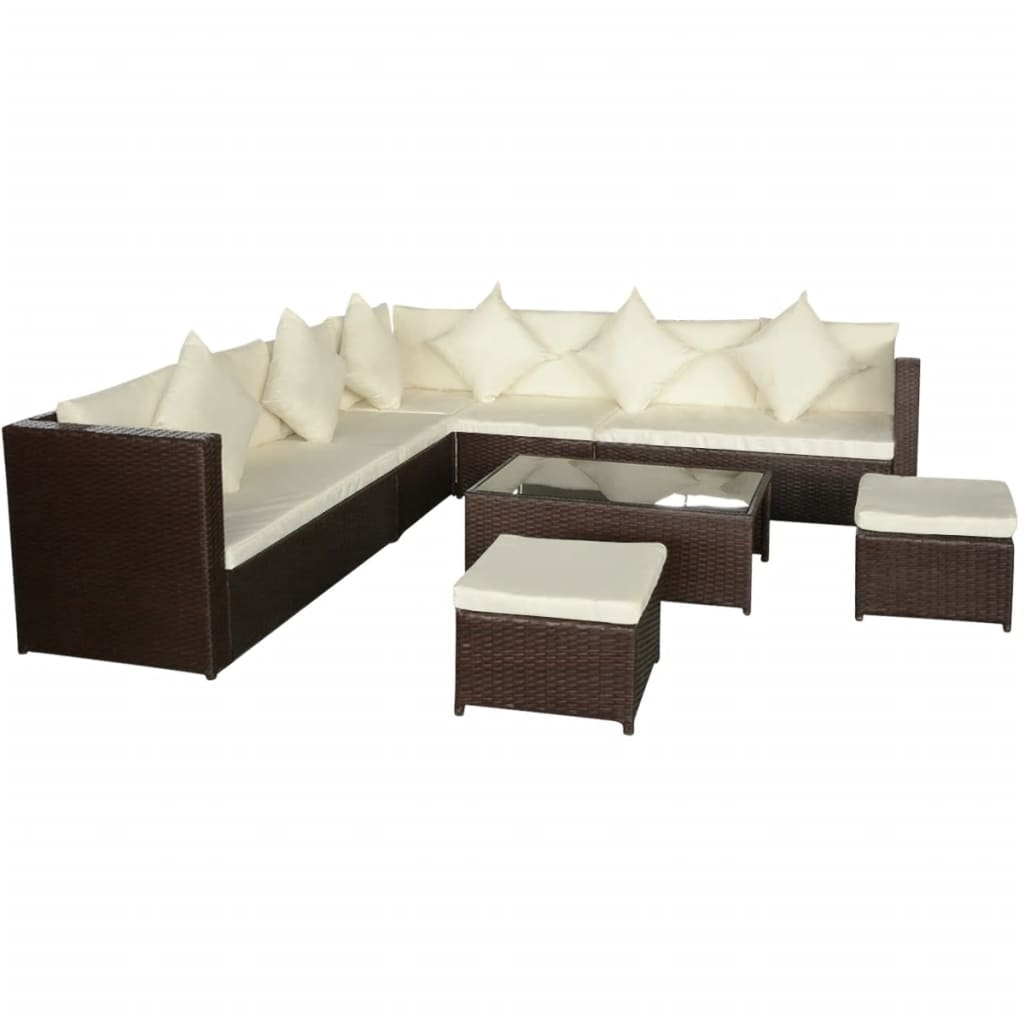  8 Piece Brown Poly Rattan Garden Lounge Set with Cushions