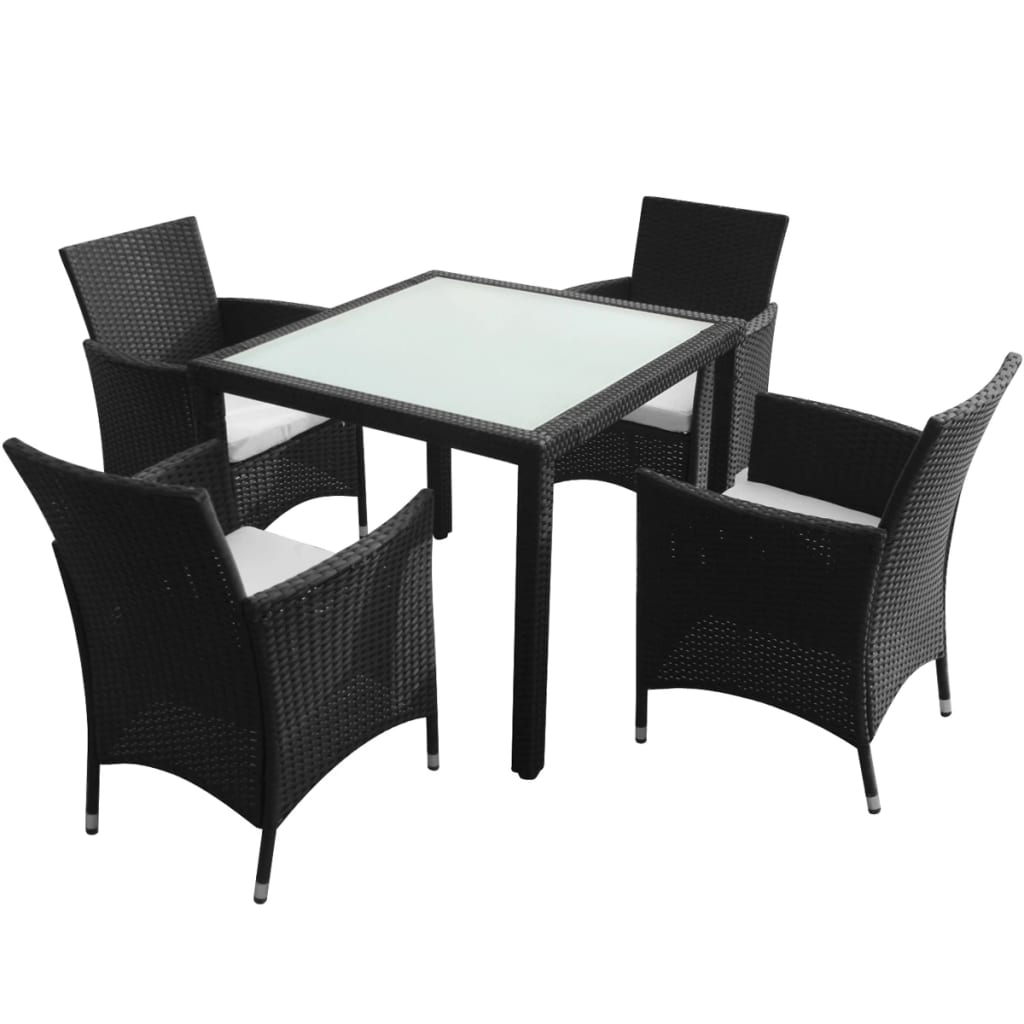 5 Piece Black Poly Rattan Outdoor Dining Set with Cushions