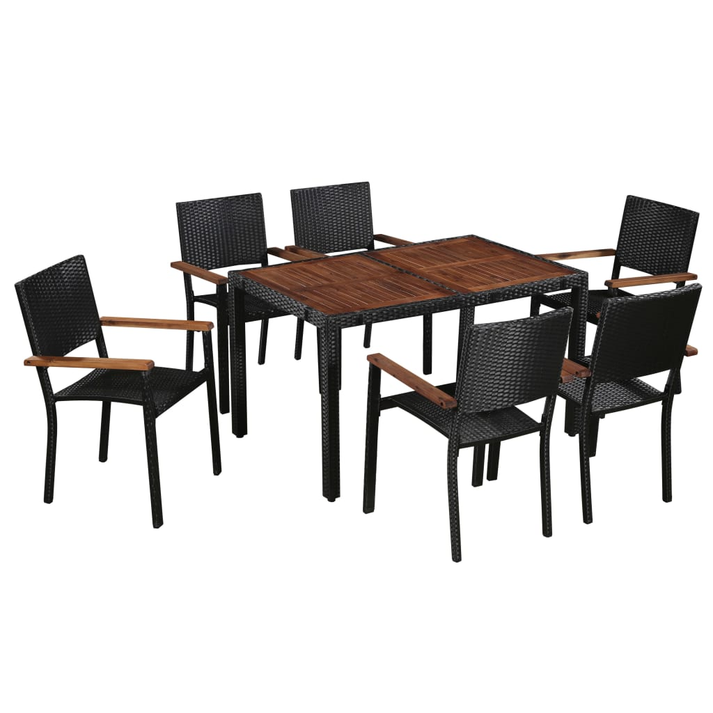 7 Piece Poly Rattan and Acacia Wood Outdoor Dining Set