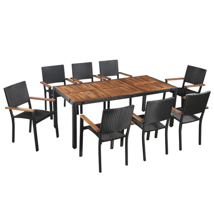 9 Piece Black Poly Rattan and Acacia Wood Outdoor Dining Set