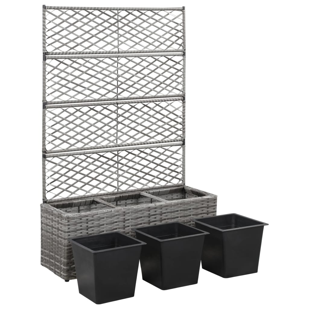  Trellis Raised Bed with 3 Pots, Poly Rattan Grey