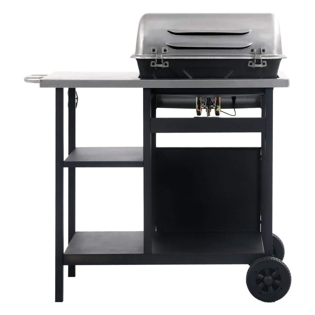 Gas BBQ Grill with 3-layer Side Table Black and Silver