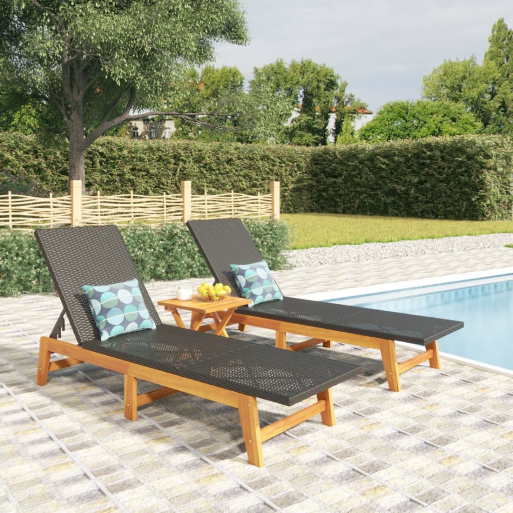 3 Piece Poly Rattan & Solid Acacia Wood Garden Lounge Set