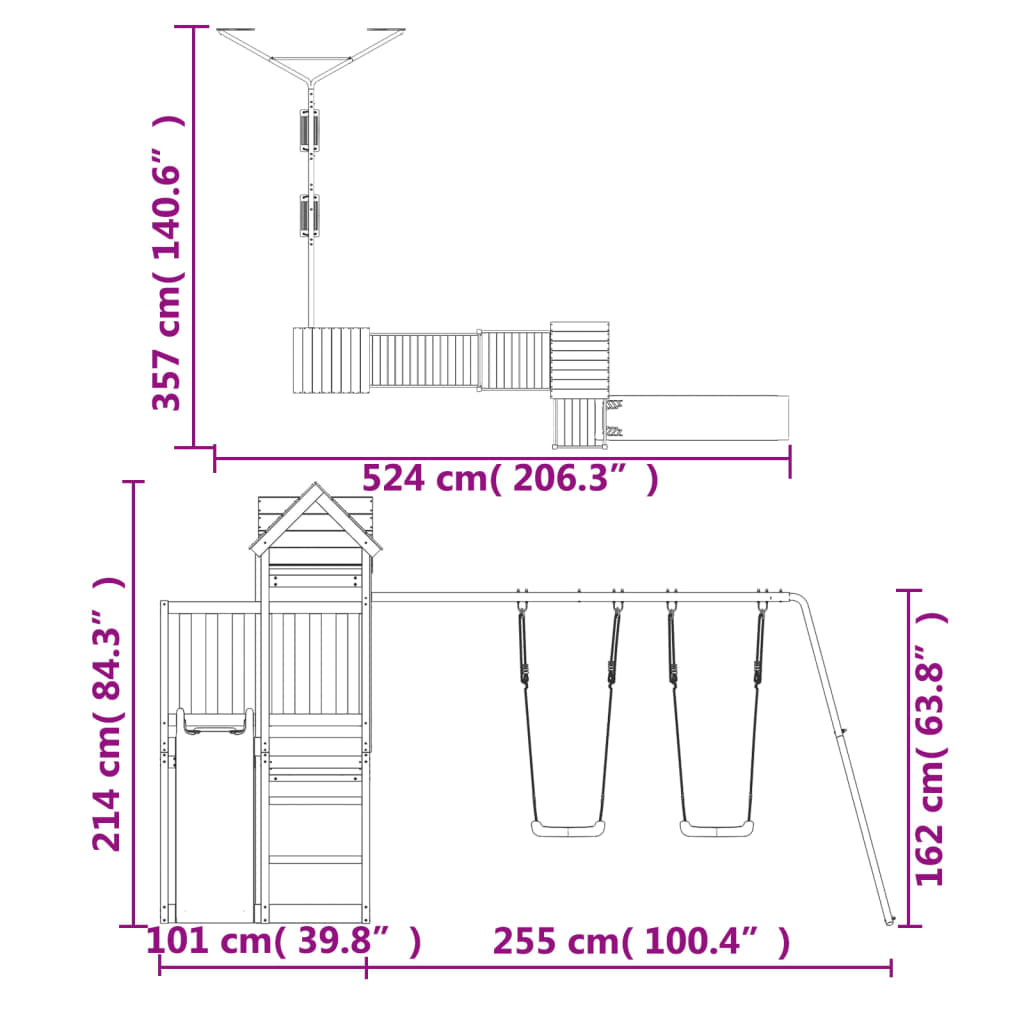 Solid Wood Pine (1 towers & bridge, 1 slide, 2 swings, no climing wall) 357 x 469 x 214 cm (L x W x H)