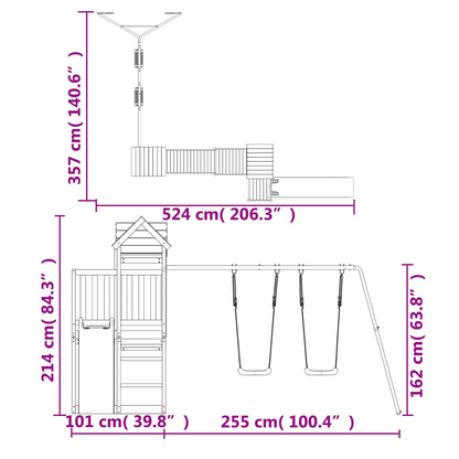 Solid Wood Pine (1 towers & bridge, 1 slide, 2 swings, no climing wall) 357 x 469 x 214 cm (L x W x H)