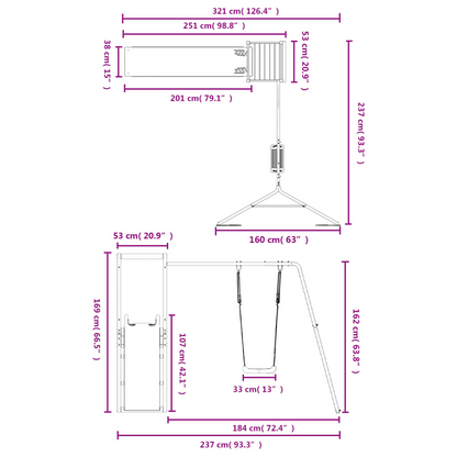 Solid Wood Pine ( 1 play tower, 1 swing, 1 slide ) 237 x 259 x 169 cm (W x D x H)